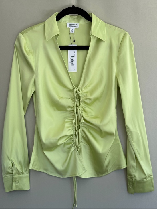 karsenkimball © The Drop Tops - The Drop x Karen Kimball Lime Ruched Tie Front Satin Blouse Women’s XS NWT